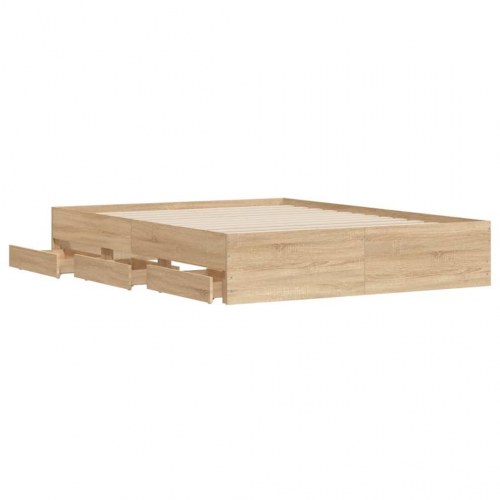 Sengeramme med skuffer 150x200 cm - konstrueret træ i sonoma-eg
