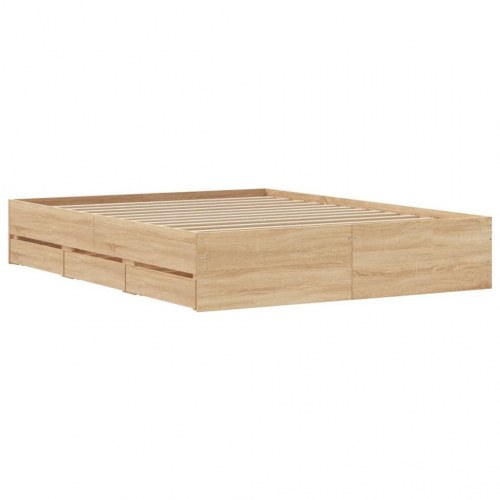 Sengeramme med skuffer 150x200 cm - konstrueret træ i sonoma-eg