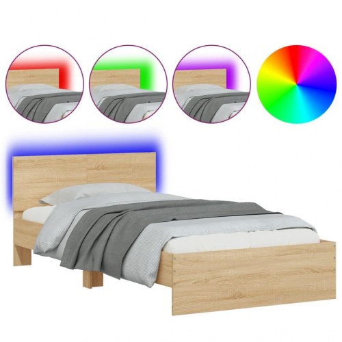 Sengeramme med sengegavl og LED-lys 100x200 cm sonoma-eg