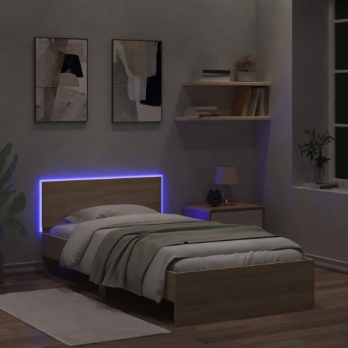 Sengeramme med sengegavl og LED-lys 100x200 cm sonoma-eg
