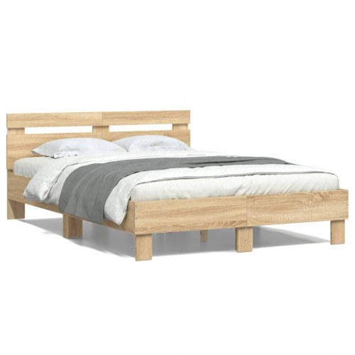 Sengeramme med sengegavl og LED-lys 120×190 cm - sonoma-eg