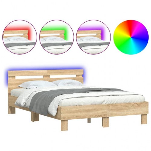 Sengeramme med sengegavl og LED-lys 120×190 cm - sonoma-eg