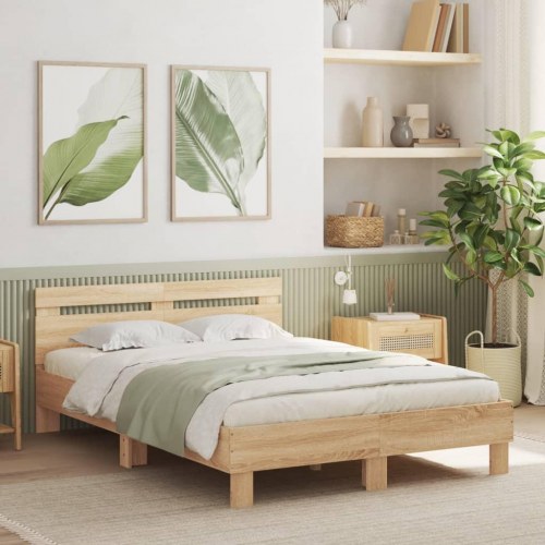 Sengeramme med sengegavl og LED-lys 120×190 cm - sonoma-eg