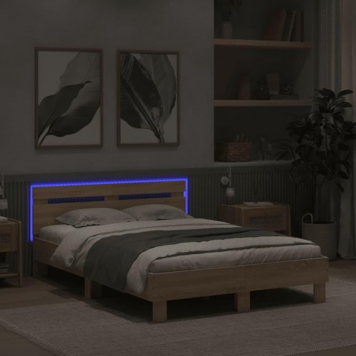 Sengeramme med sengegavl og LED-lys 120×190 cm - sonoma-eg