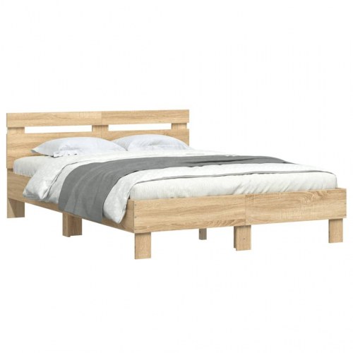 Sengeramme med sengegavl og LED-lys 120×190 cm - sonoma-eg