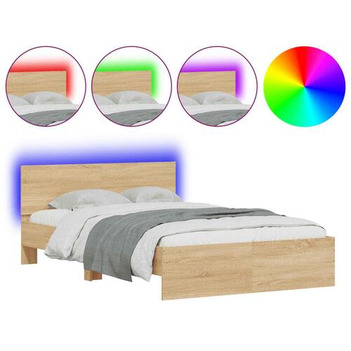 Sengeramme med sengegavl og LED-lys 135x190 cm sonoma-eg