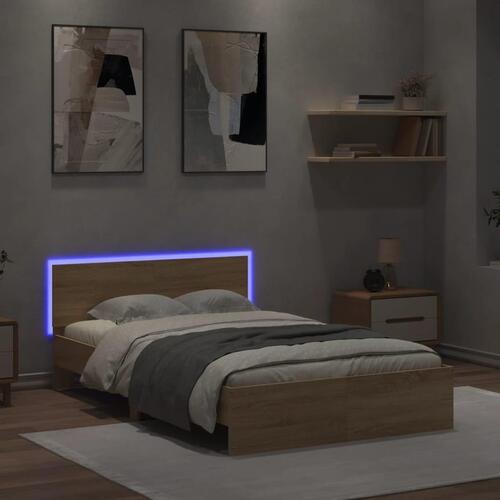 Sengeramme med sengegavl og LED-lys 135x190 cm sonoma-eg