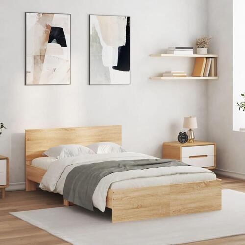 Sengeramme med sengegavl og LED-lys 135x190 cm sonoma-eg