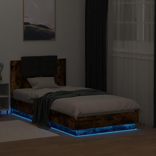 Sengeramme med sengegavl og LED-lys 75 x 190 cm - røget egetræ