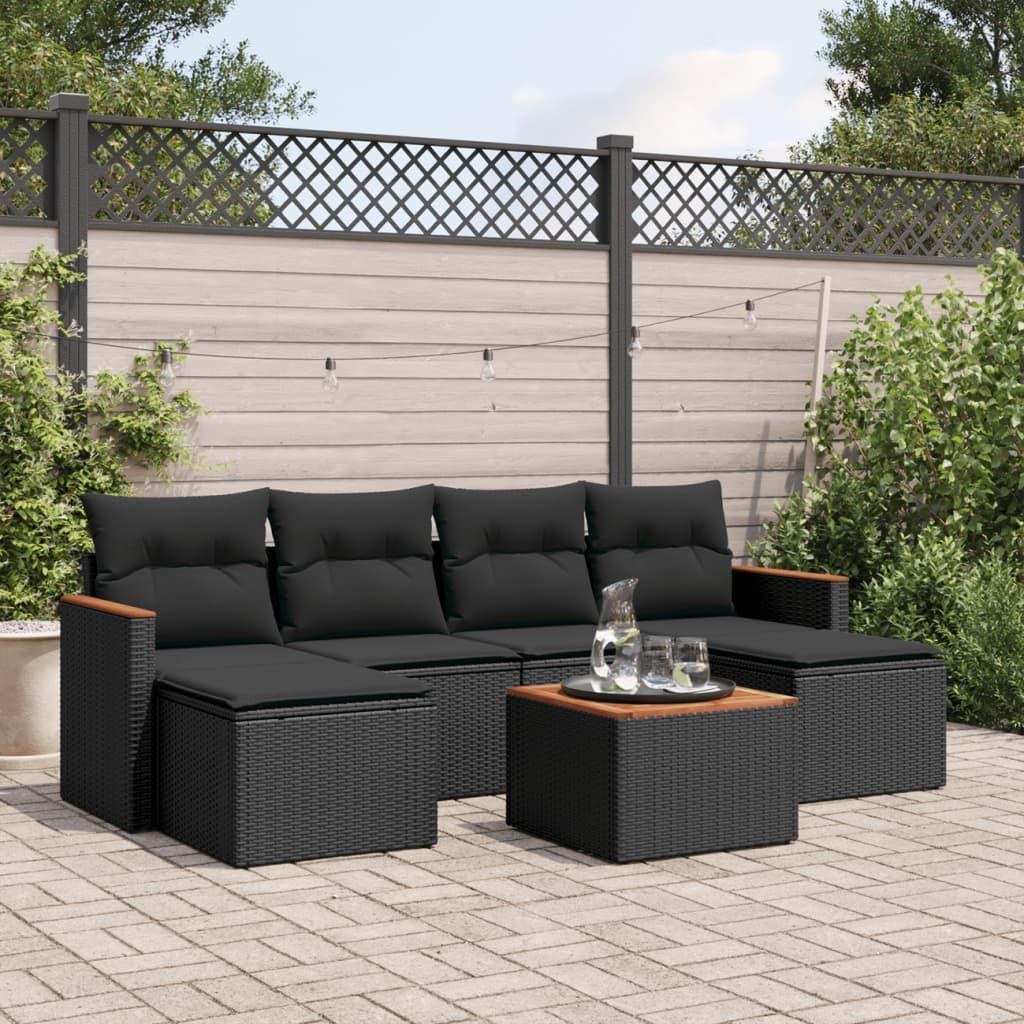 Sofasæt til haven - 7 dele i sort polyrattan med hynder og akacietræsbord