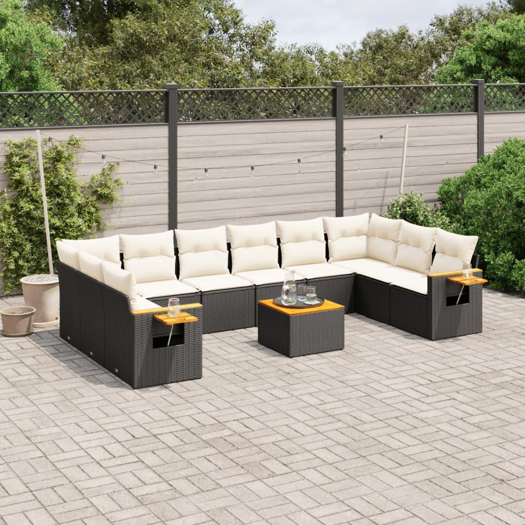 Sofasæt Til Haven 11 Dele Med Hynder Polyrattan Beige - Sort og cremefarvet / Med bord