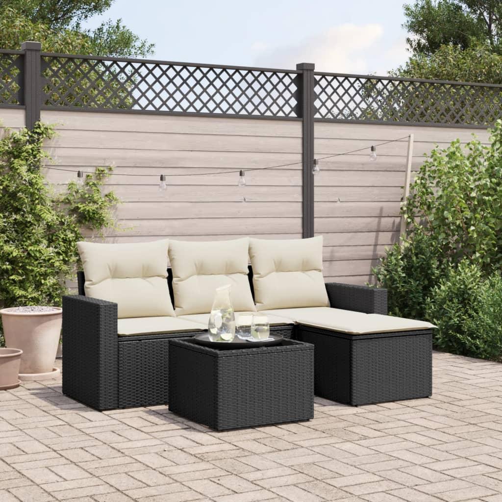 Sofasæt Til Haven 5 Dele Med Hynder Polyrattan Beige - Sort og cremefarvet / Med bord