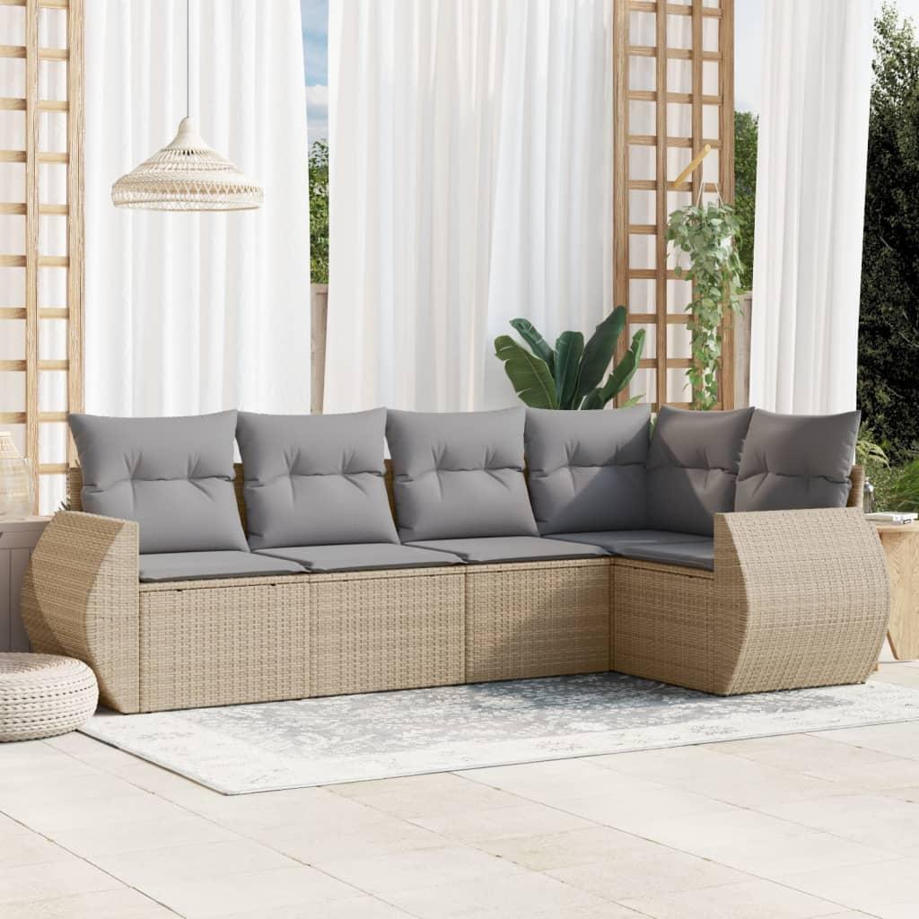 Sofasæt Til Haven 5 Dele Med Hynder Polyrattan - beige og grå / Med bord