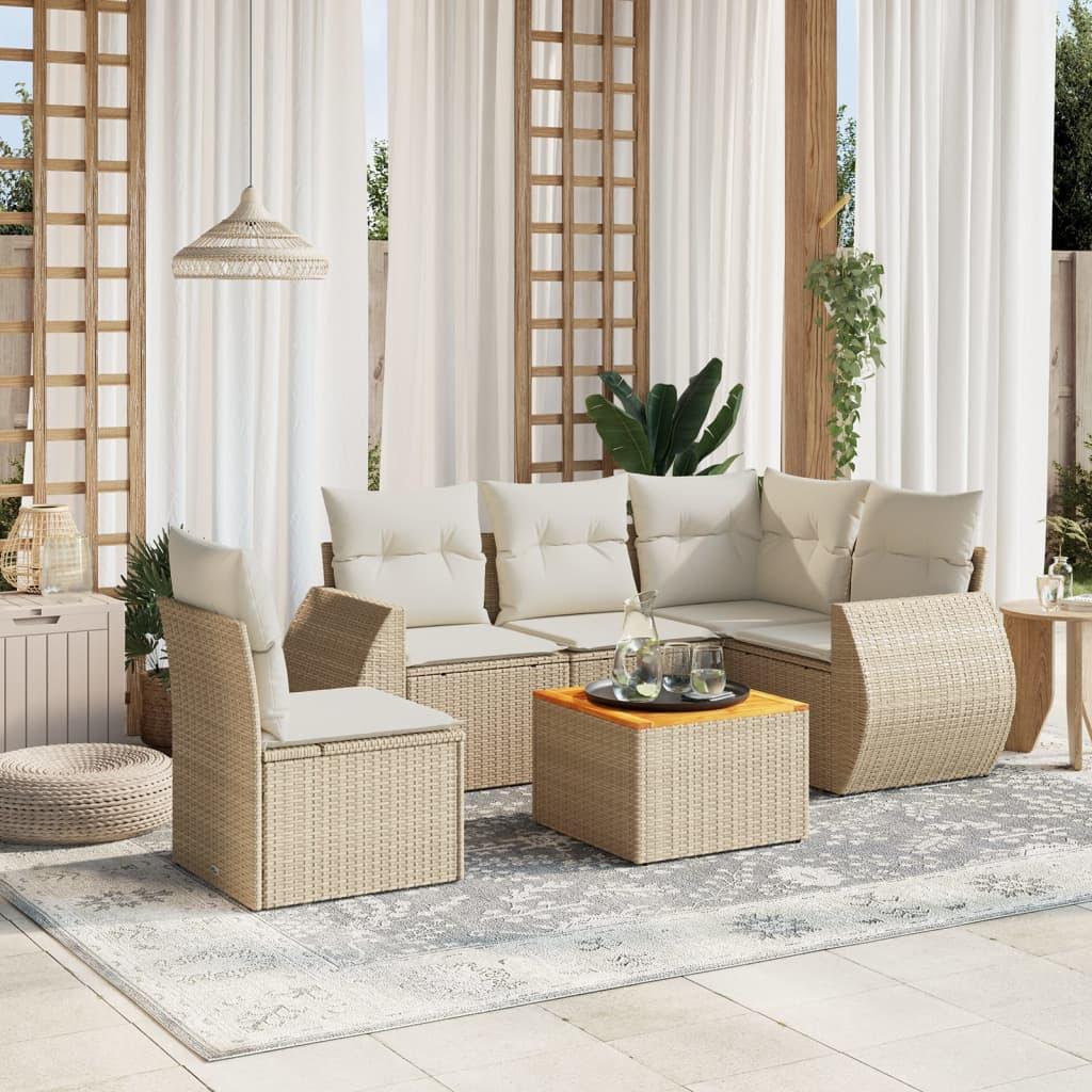 Sofasæt til haven 6 dele med hynder i polyrattan og akaciebord - beige