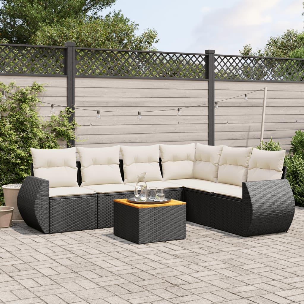 Sofasæt Til Haven 7 Dele Med Hynder Polyrattan - Sort og cremefarvet / hjørnedel bord 3x midterdel