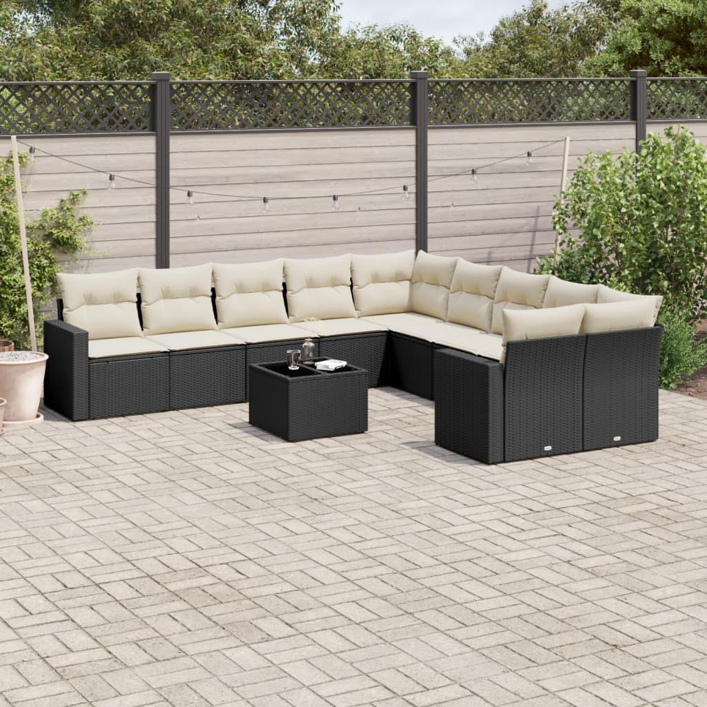 Sofasæt Til Haven 10 Dele Med Hynder Polyrattan - Sort og cremefarvet / Med bord