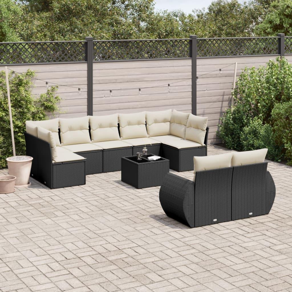 Sofasæt Til Haven 9 Dele Med Hynder Polyrattan Sort - Sort og cremefarvet / Med bord