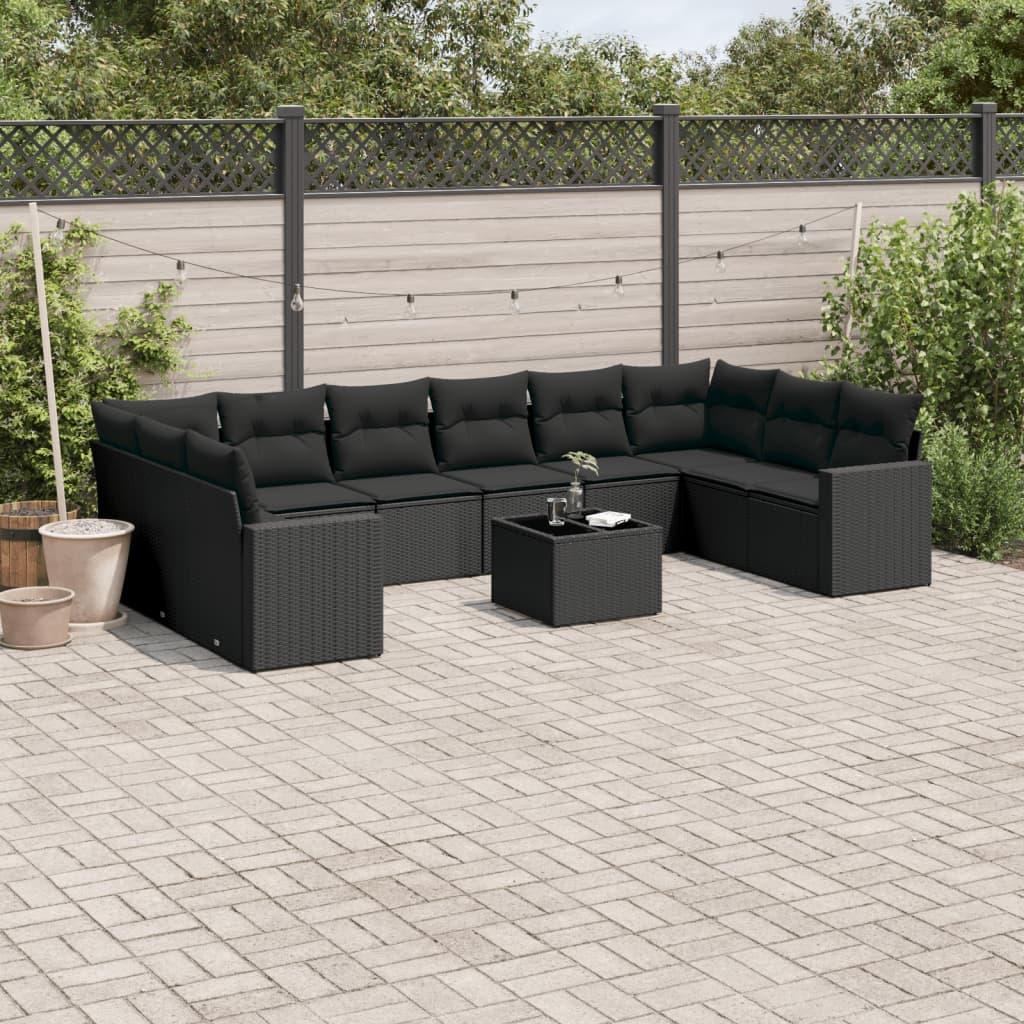 Loungesæt Til Haven 11 Dele Med Hynder Polyrattan - Sort / Med bord