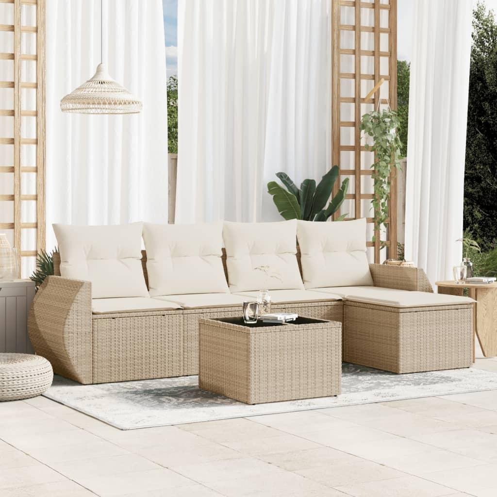Havesofasæt 6 dele med hynder og opbevaring i polyrattan - beige