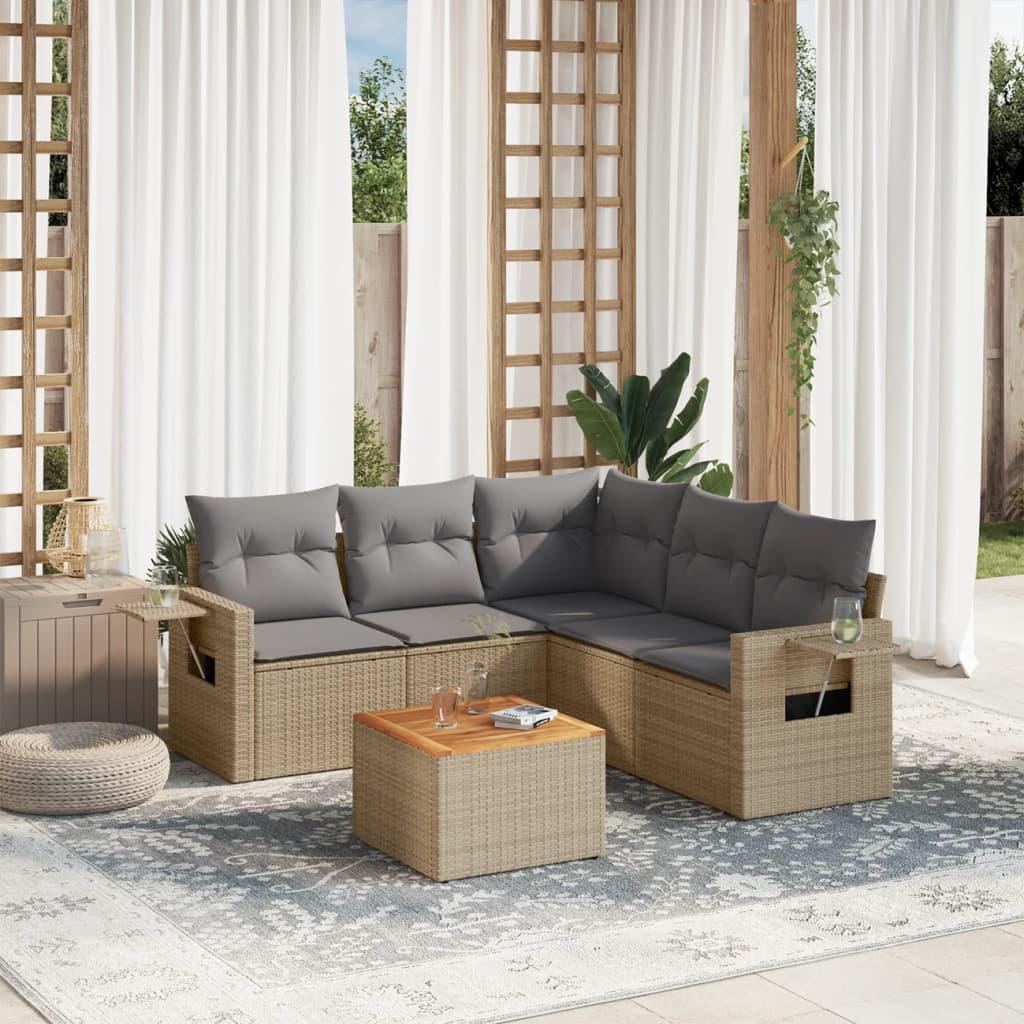 Sofasæt Til Haven 6 Dele Med Hynder Polyrattan Sort - beige og grå / hjørnedel bord 2x midterdel