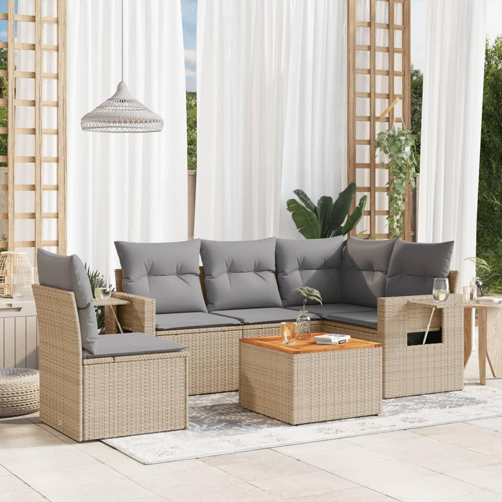 Sofasæt Til Haven 6 Dele Med Hynder Polyrattan Sort - beige og grå / bord 2x midterdel hjørnedel