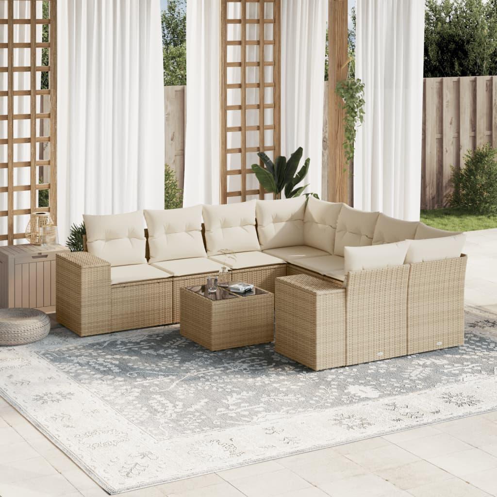 Sofasæt Til Haven 9 Dele Med Hynder Polyrattan - beige og cremefarvet