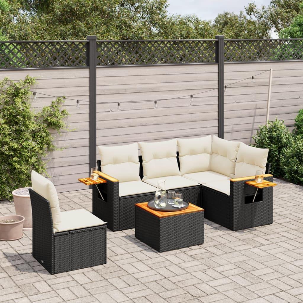 Sofasæt 5 Dele Med Hynder Polyrattan - Sort og cremefarvet / Med bord