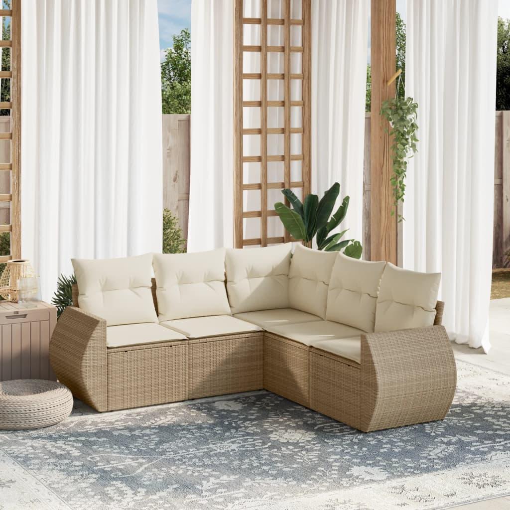 Sofasæt til haven 5 dele med hynder i polyrattan beige