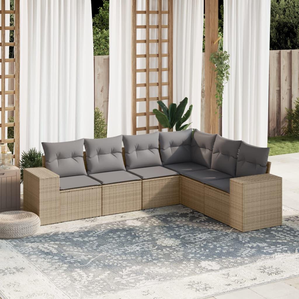 Sofasæt til haven i polyrattan - 6 dele med hynder, beige/lysegrå