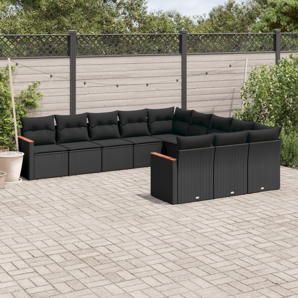 Sofasæt til haven i polyrattan - 11 dele med hynder, sort
