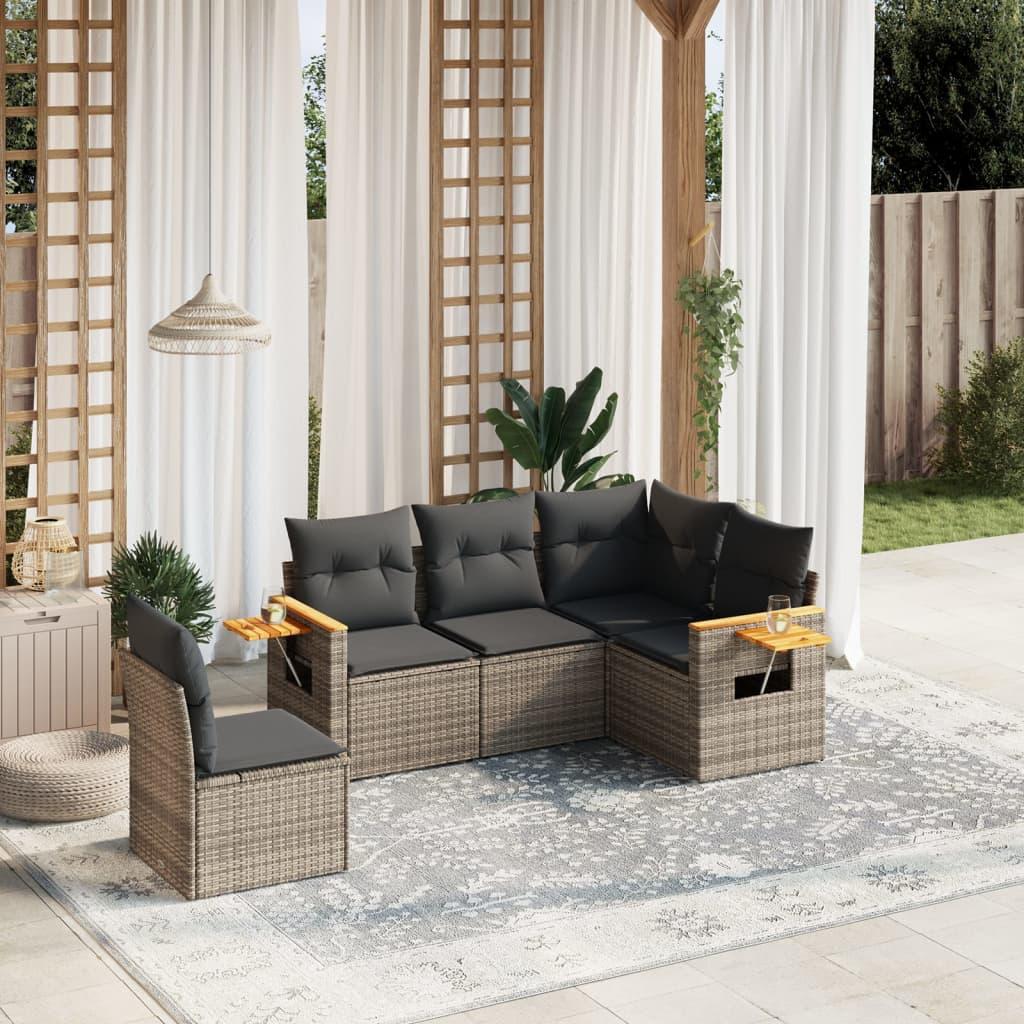 Sofasæt til haven i polyrattan - 5 dele med hynder, grå