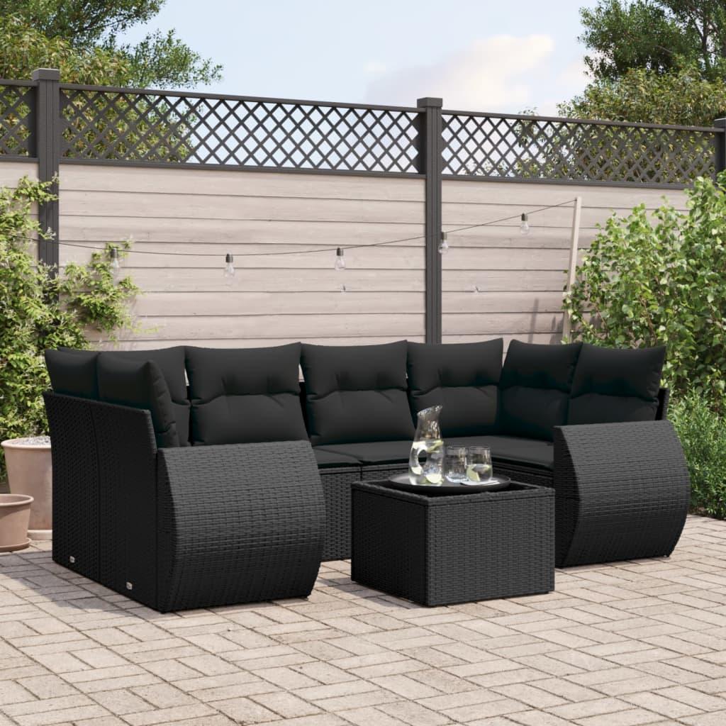 Havesofasæt i polyrattan - 7 dele med hynder og opbevaring, sort