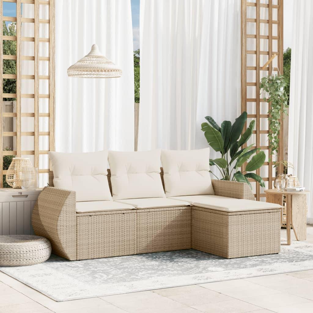 Sofasæt til haven 4 dele med hynder og opbevaring i polyrattan beige