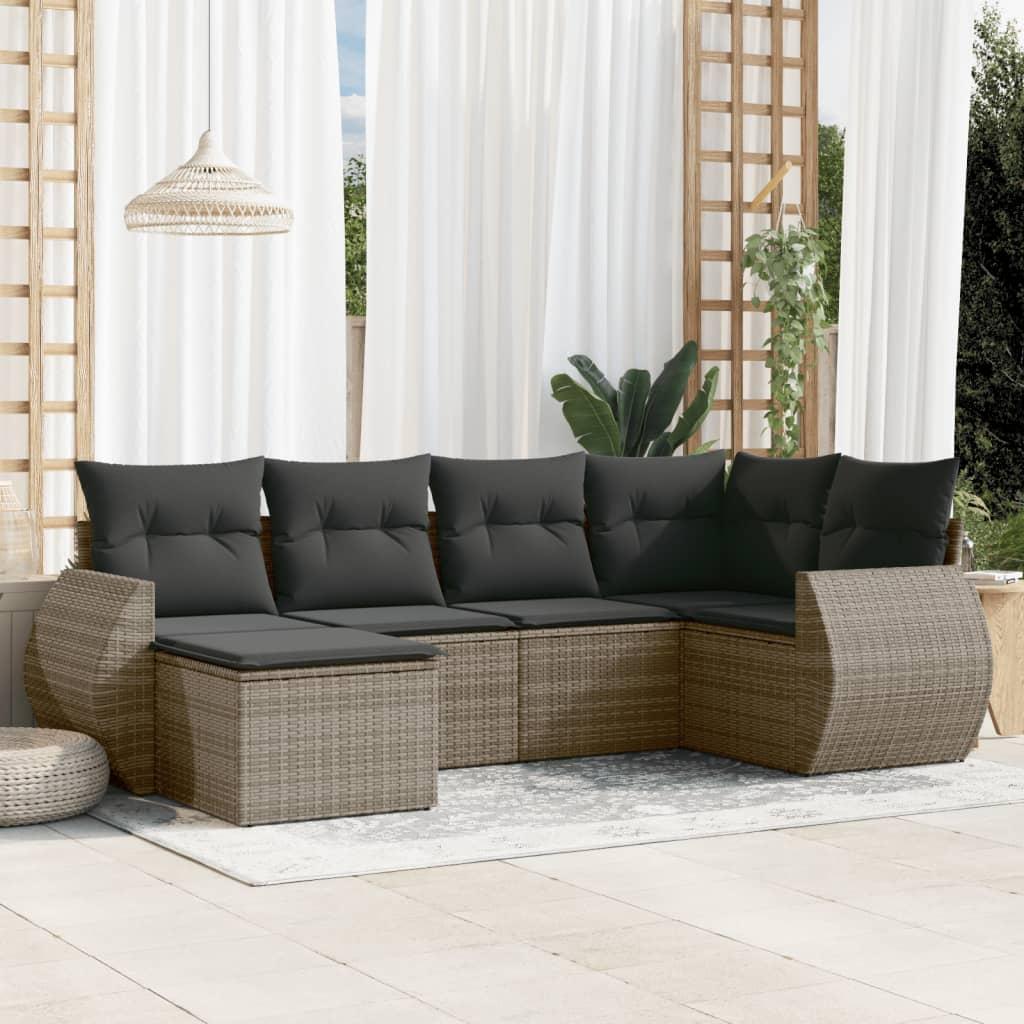 Sofasæt til haven - 6 dele med hynder og opbevaring, polyrattan, grå