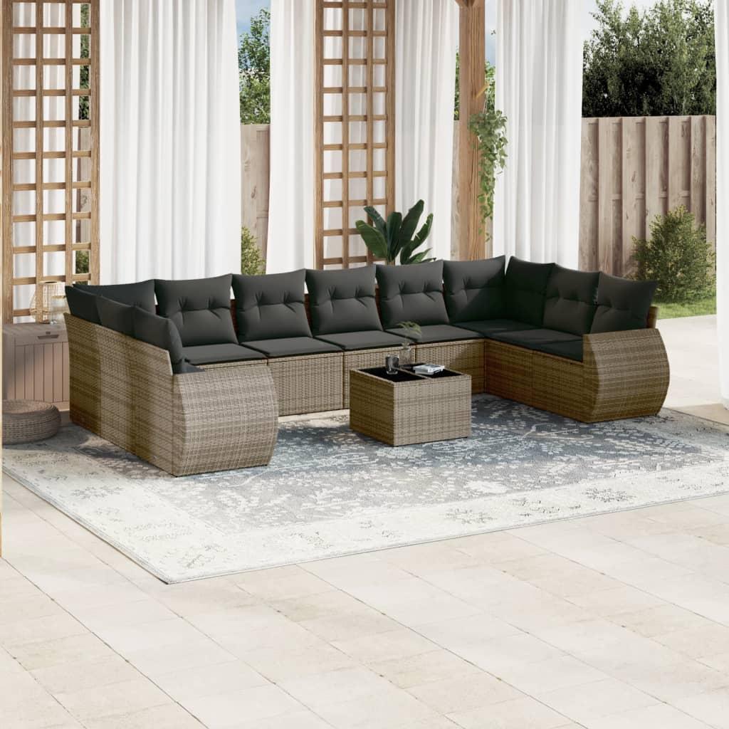Sofasæt Til Haven 10 Dele Med Hynder Polyrattan Sort - grå og mørkegrå / Med bord