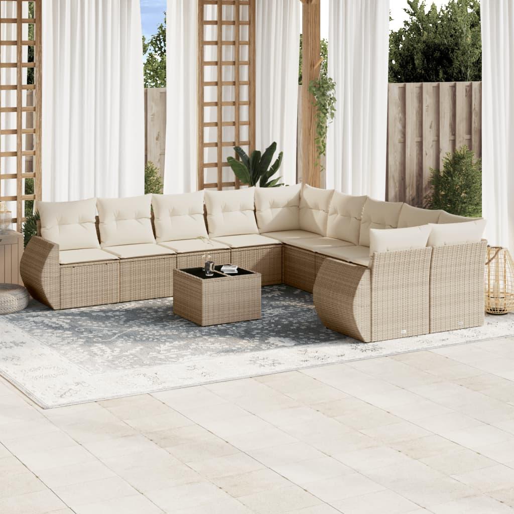 Havesofasæt i polyrattan - 11 dele med hynder og bord, beige