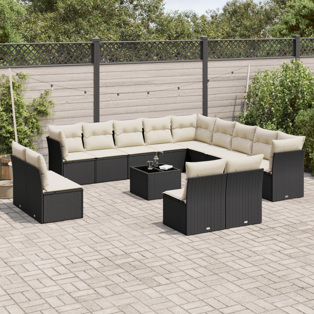 Sofasæt Til Haven 14 Dele Med Hynder Polyrattan Beige - Sort og cremefarvet / Med bord