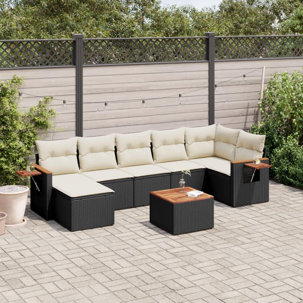 Sofasæt Til Haven 8 Dele Med Hynder Polyrattan Sort - Sort og cremefarvet / Med bord
