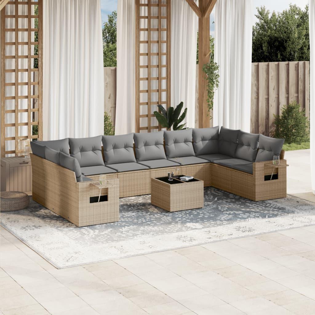 Sofasæt til haven i polyrattan - 11 dele med hynder, beige/lysegrå