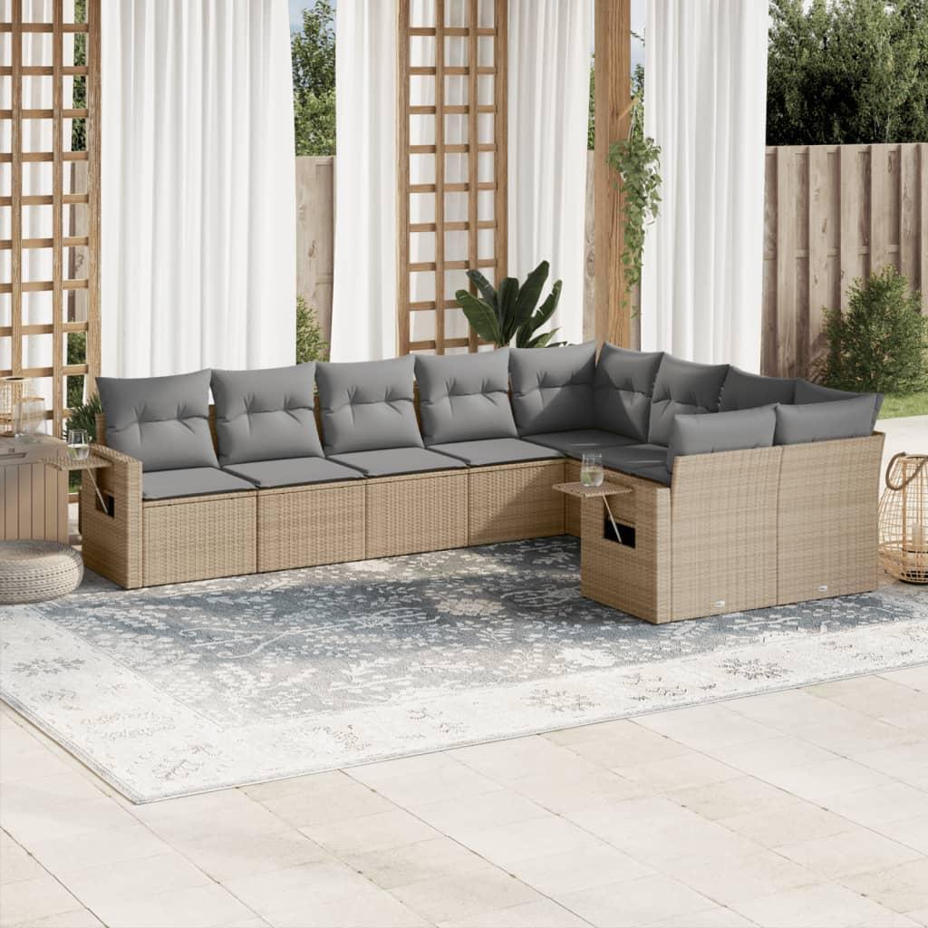Sofasæt til haven i polyrattan - 9 dele med hynder, beige/lysegrå