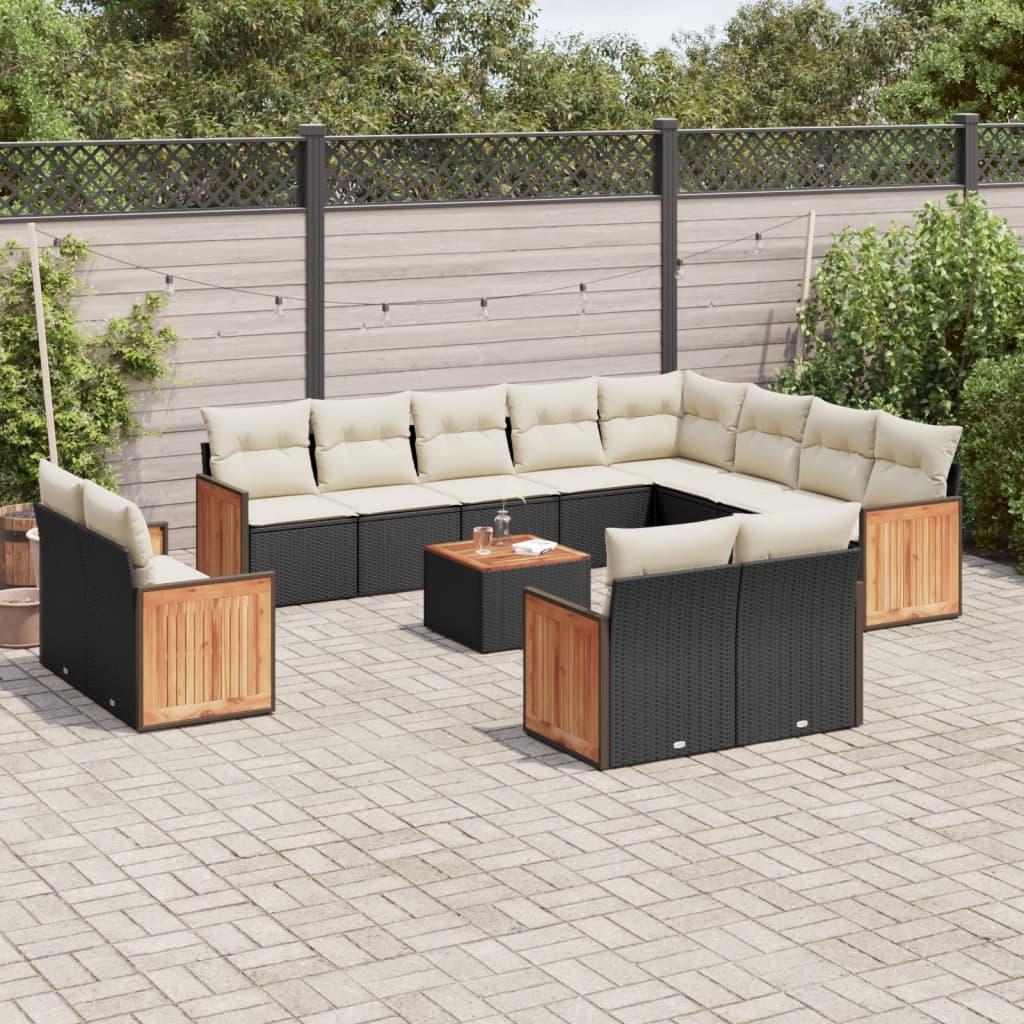 Sofasæt Til Haven 13 Dele Med Hynder Polyrattan - Sort og cremefarvet / Med bord