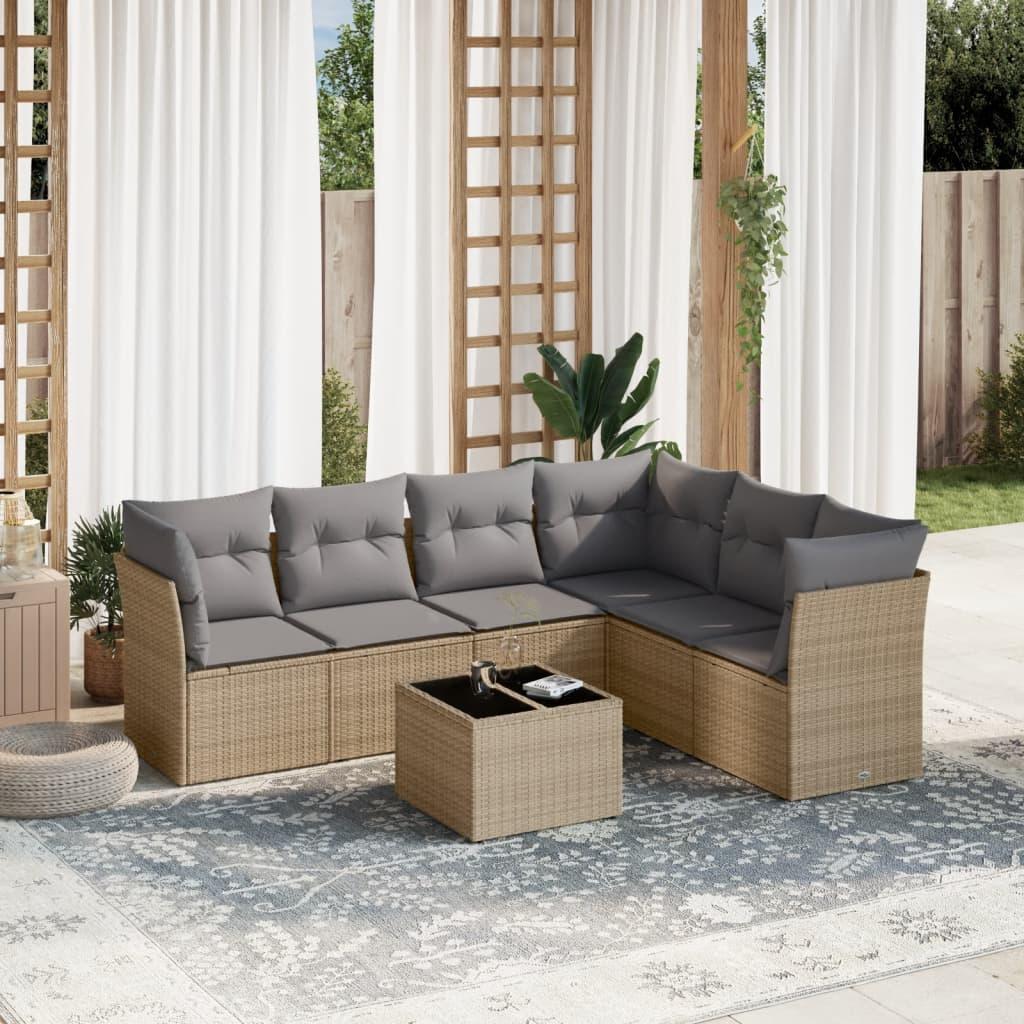 Sofasæt til haven i polyrattan - 7 dele med hynder, beige