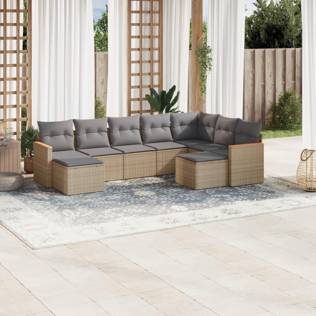 Sofasæt til haven i polyrattan - 9 dele med hynder, beige