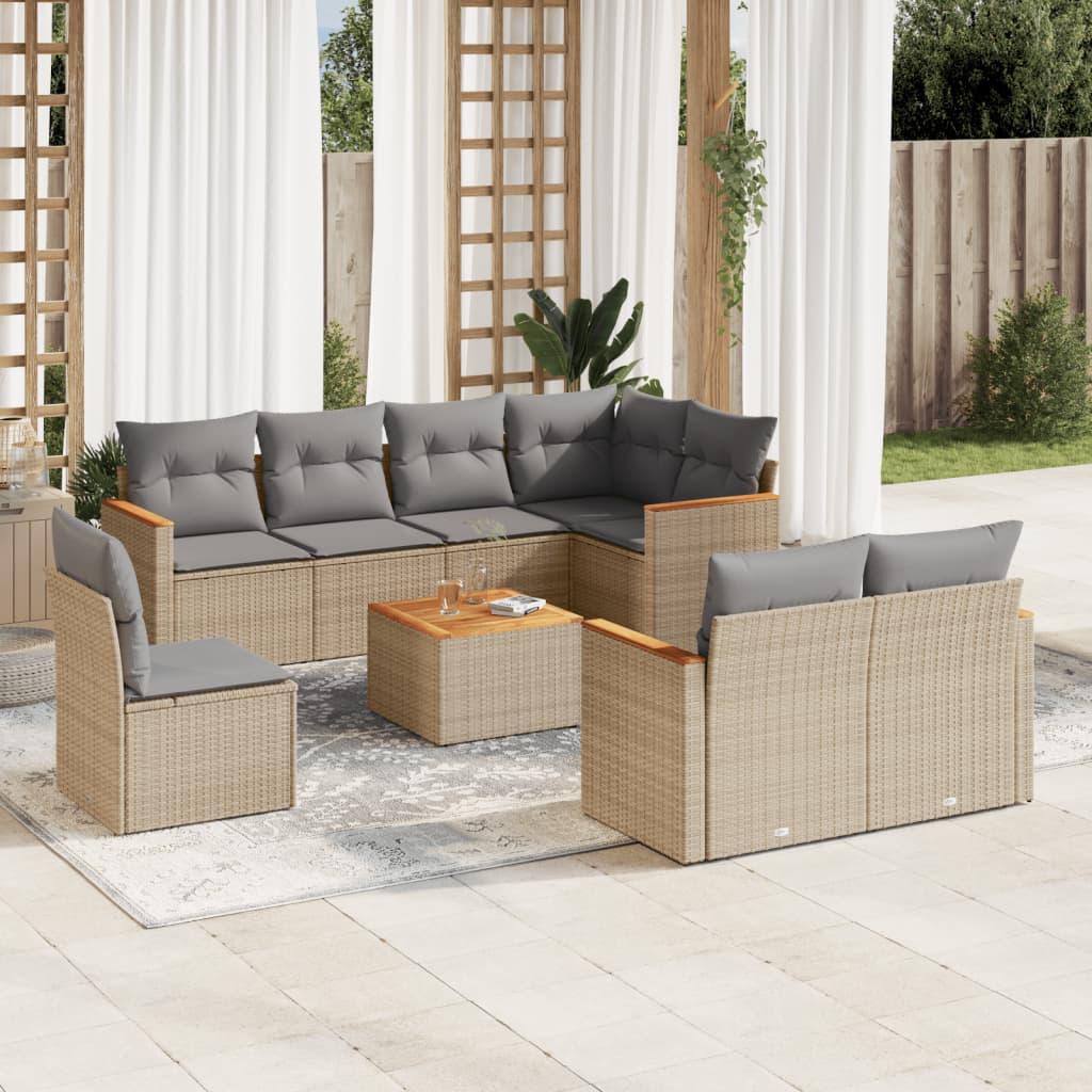 Sofasæt til haven - 9 dele i beige polyrattan med hynder og akacietræsbord