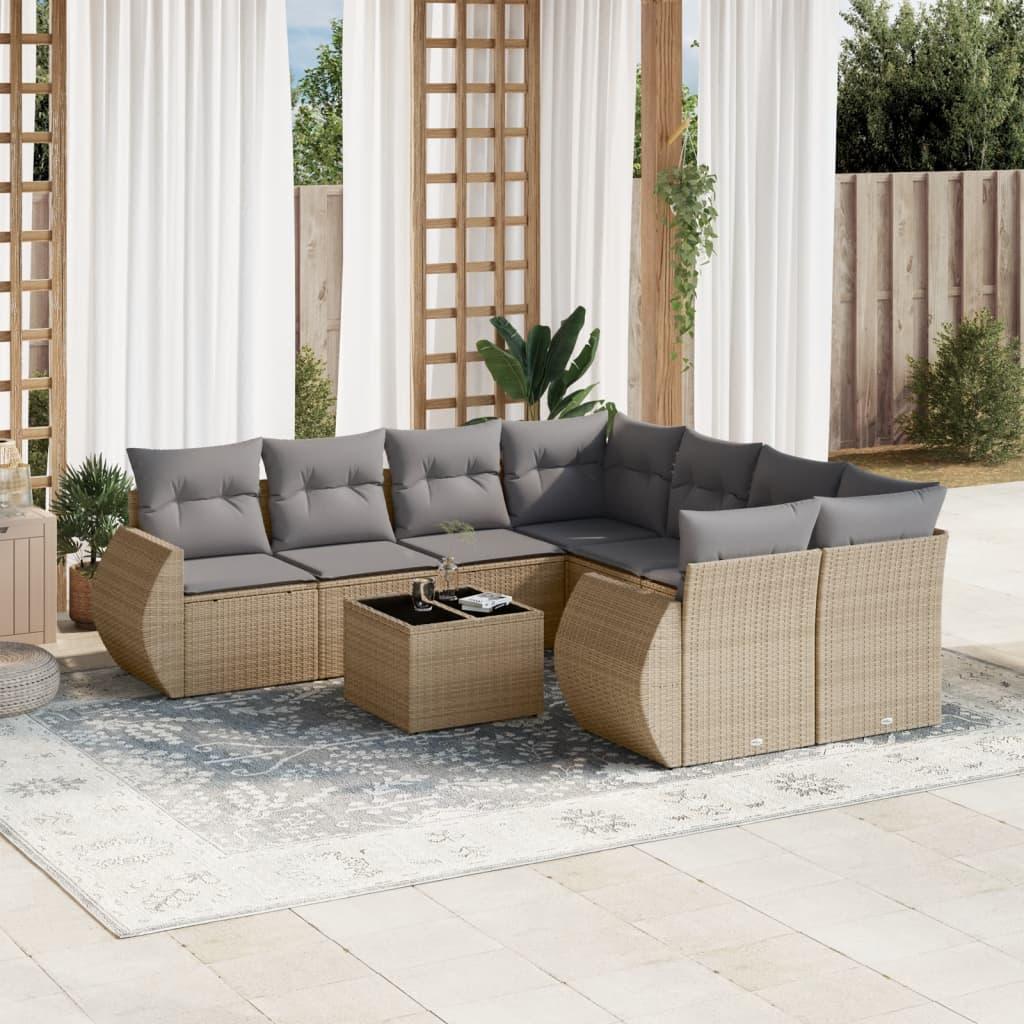 Sofasæt til haven 9 dele med hynder i polyrattan - beige
