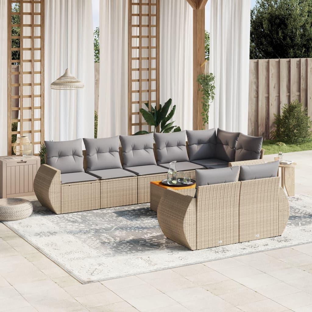 Sofasæt Til Haven 9 Dele Med Hynder Polyrattan Sort - beige og grå / hjørnedel bord 3x midterdel