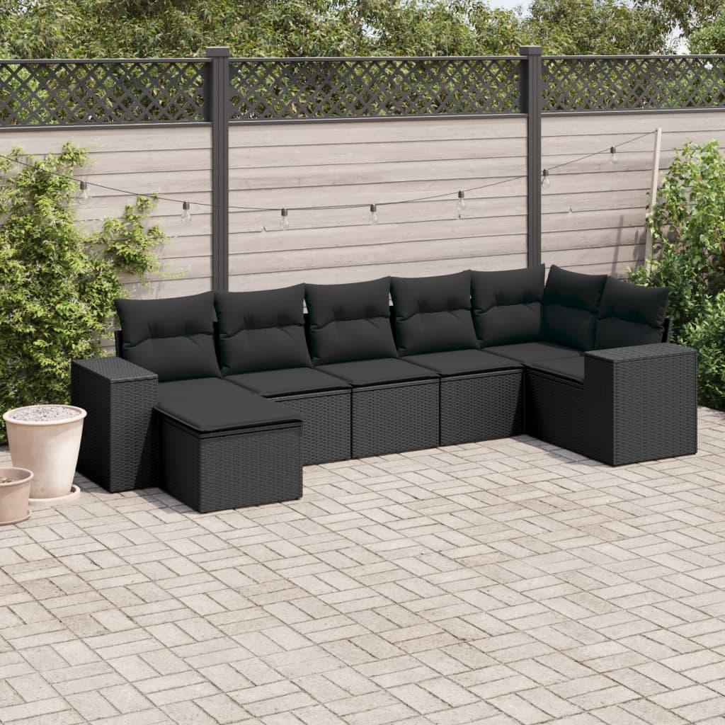 Sofasæt Til Haven 7 Dele Med Hynder Polyrattan Sort - Sort / Med bord