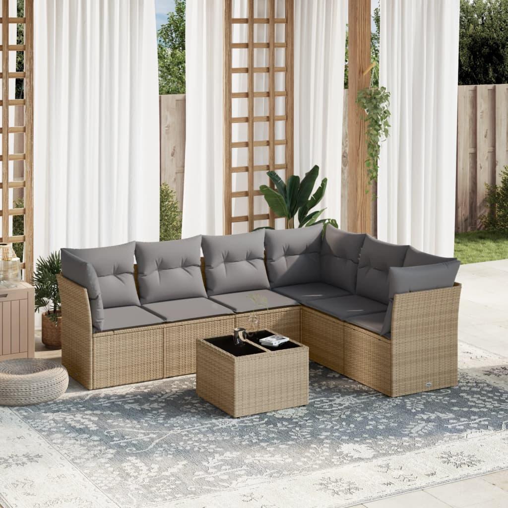 Sofasæt til haven - 7 dele med hynder og opbevaring i polyrattan, beige