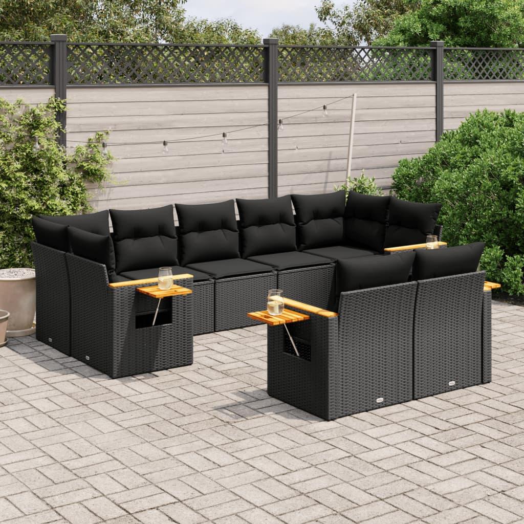 Sofasæt til haven i polyrattan - 9 dele med hynder, sort