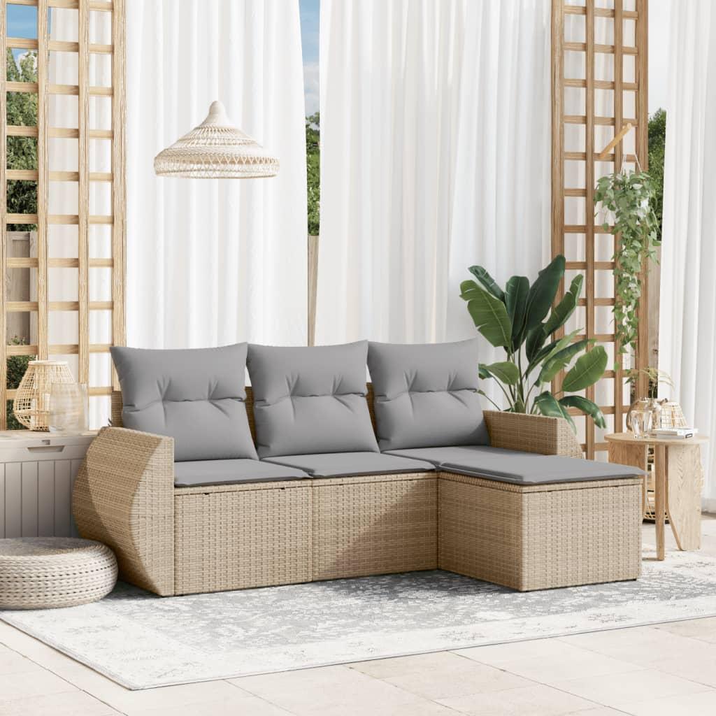 Sofasæt til haven i polyrattan med opbevaring, 4 dele - beige/lysegrå hynder